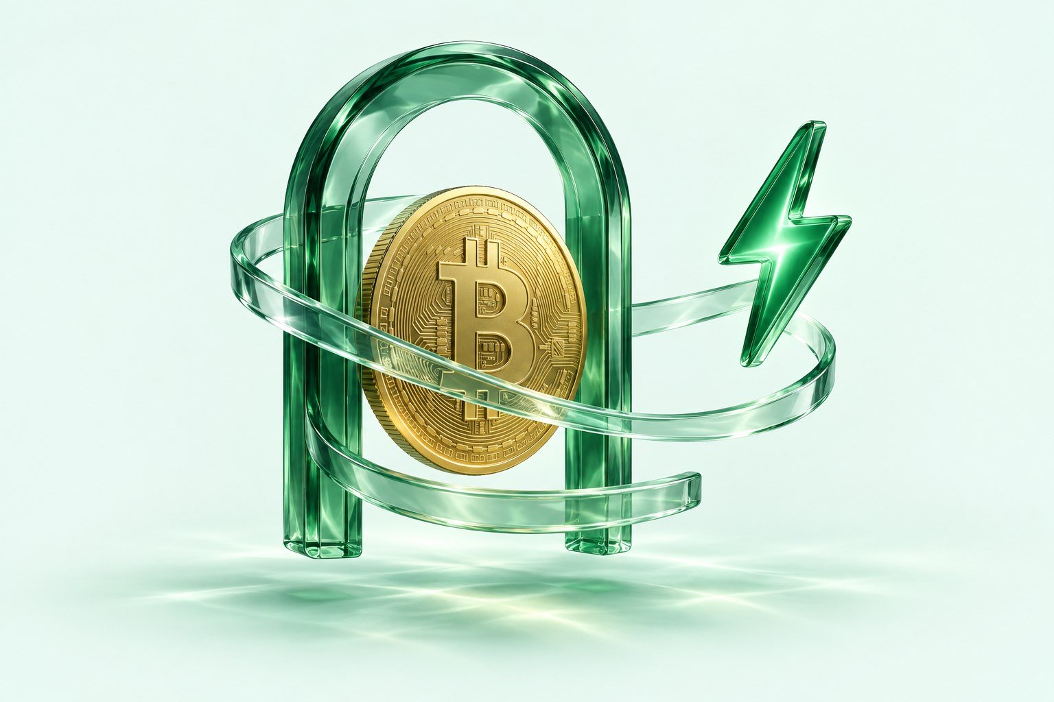 Bitcoin and a glass Lightning symbol connected by emerald ribbons.