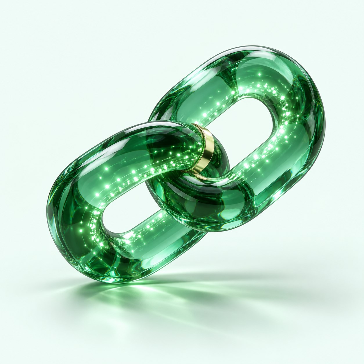 Interlocking emerald glass links carrying light, representing payment channels.