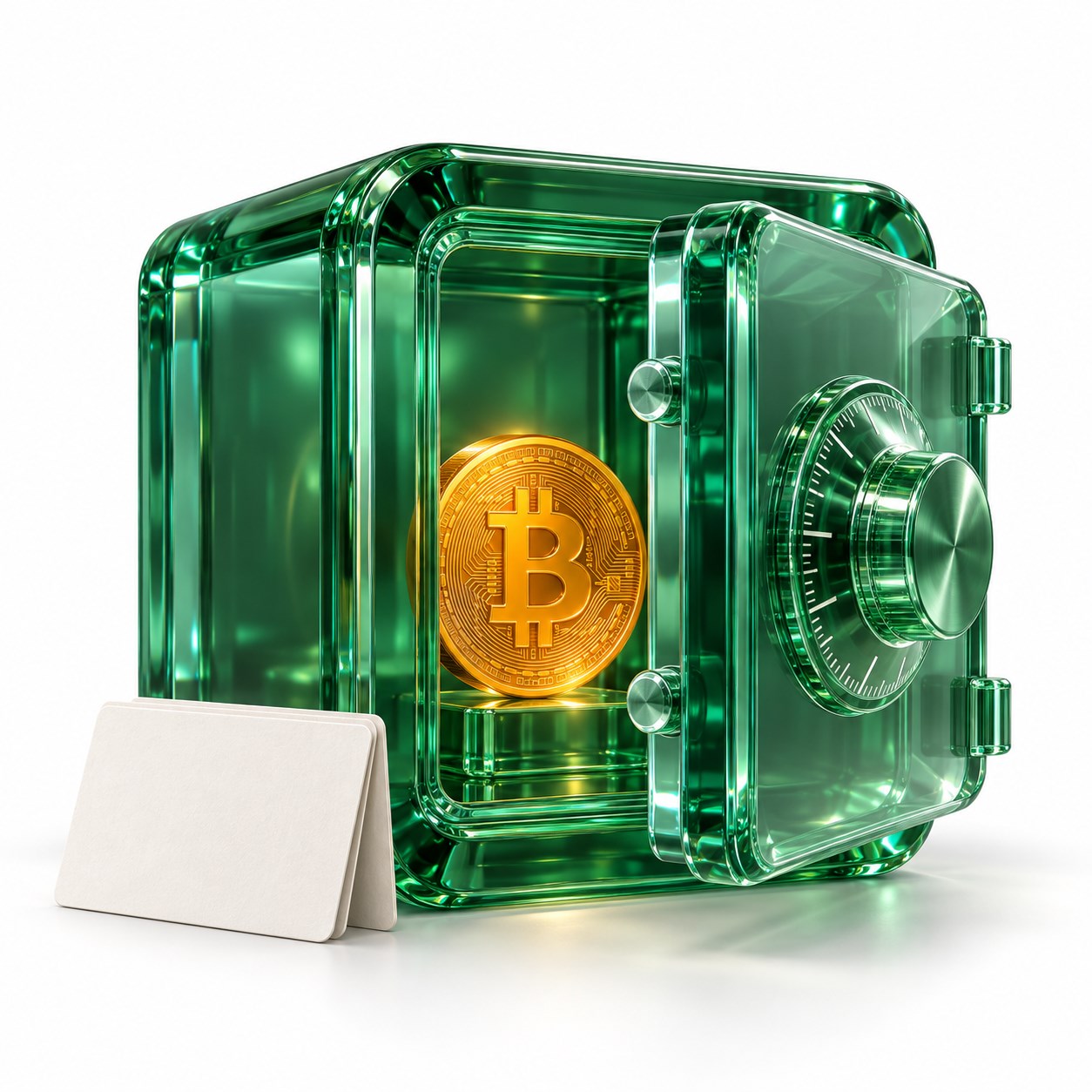 Emerald glass vault protecting bitcoin, with an offline backup card beside it.