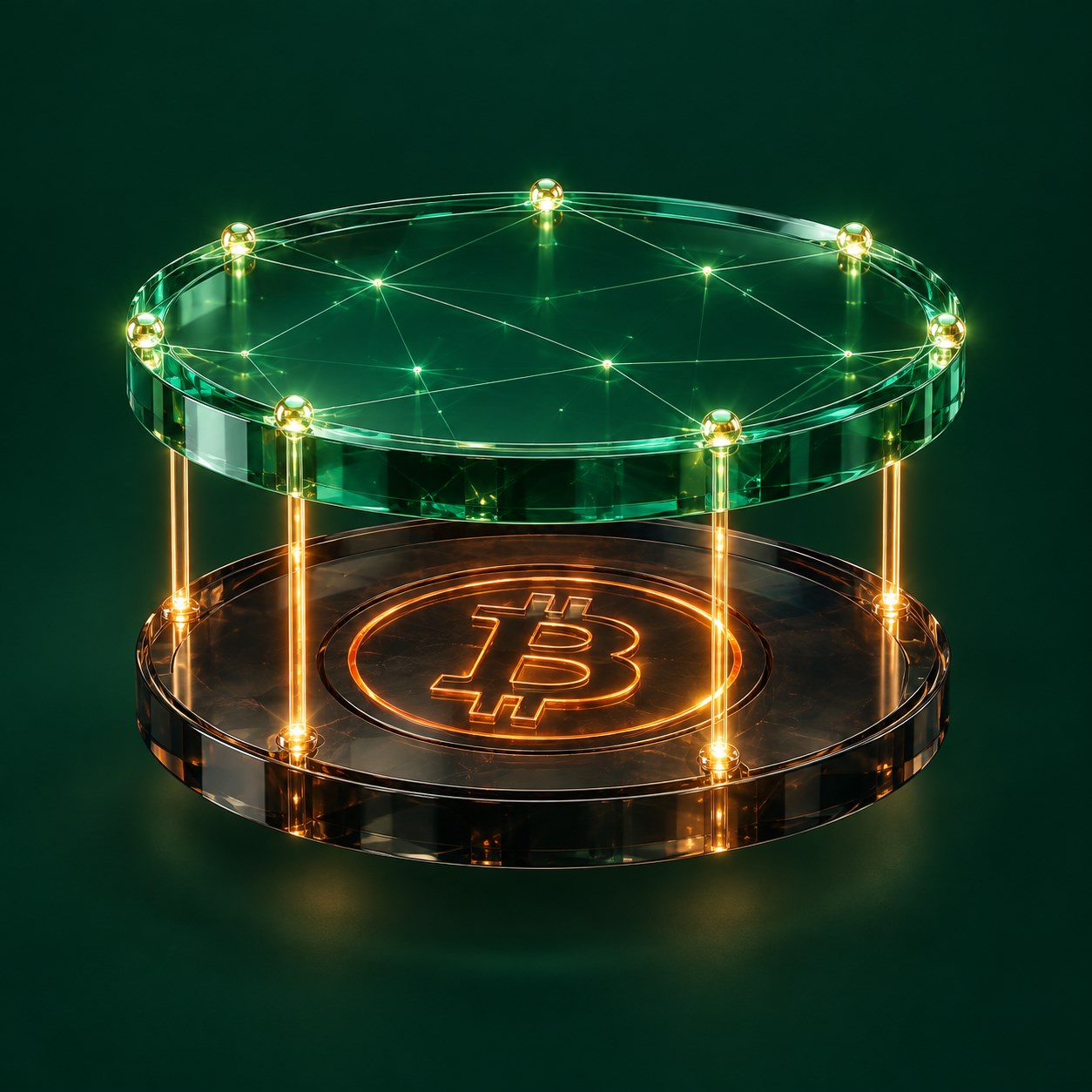 Two glass network layers connected by luminous bridges above a Bitcoin settlement disc.