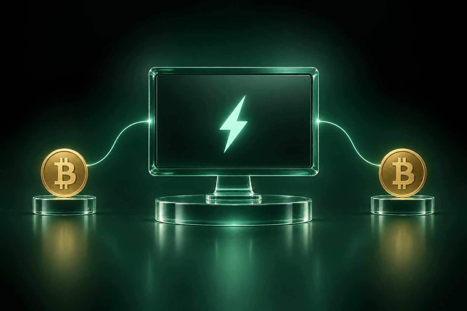 An emerald glass desktop wallet connected to Bitcoin payment endpoints on both sides.