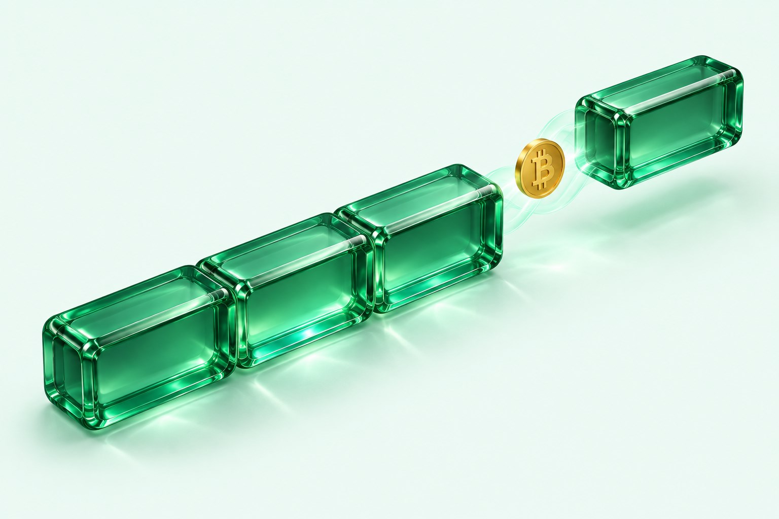 A new emerald glass segment joining an existing modular channel, with a Bitcoin coin at the connection.